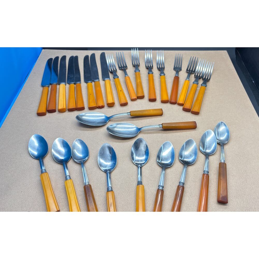 Bakelite Flatware Set 30 Pc Butterscotch Amber w Serving Spoons MCM